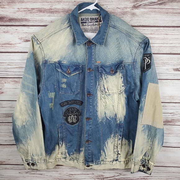 NWT AKOO Brand Mens 3XL Denim Jean Trucker Jacket w/ Patches - Picture 1 of 12